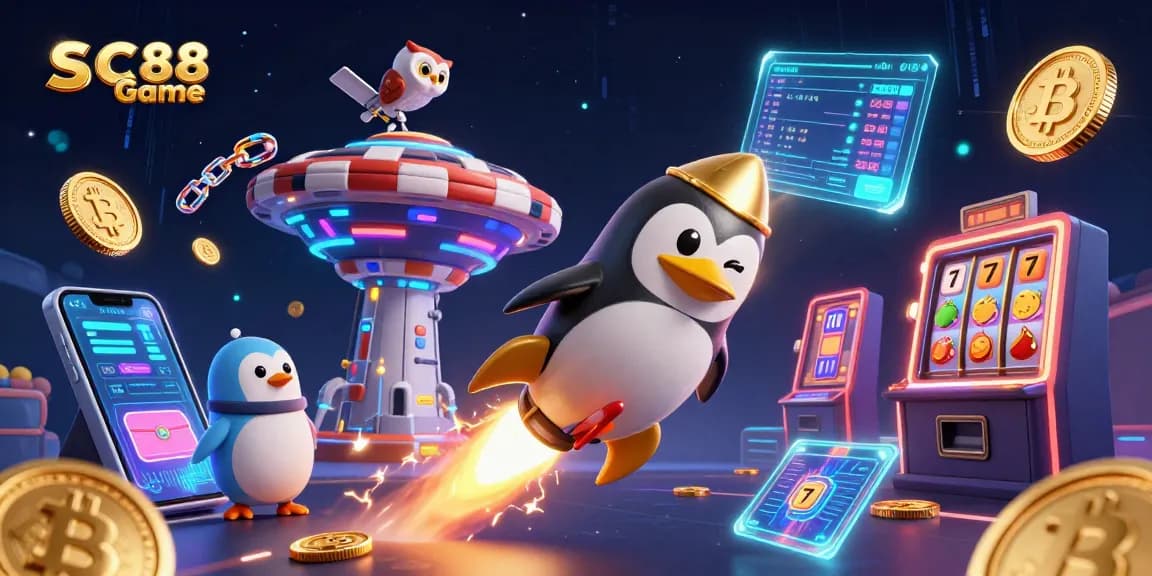 Engage with SC88 Game, featuring a dynamic scene of a golden penguin among slot reels and crypto coins.