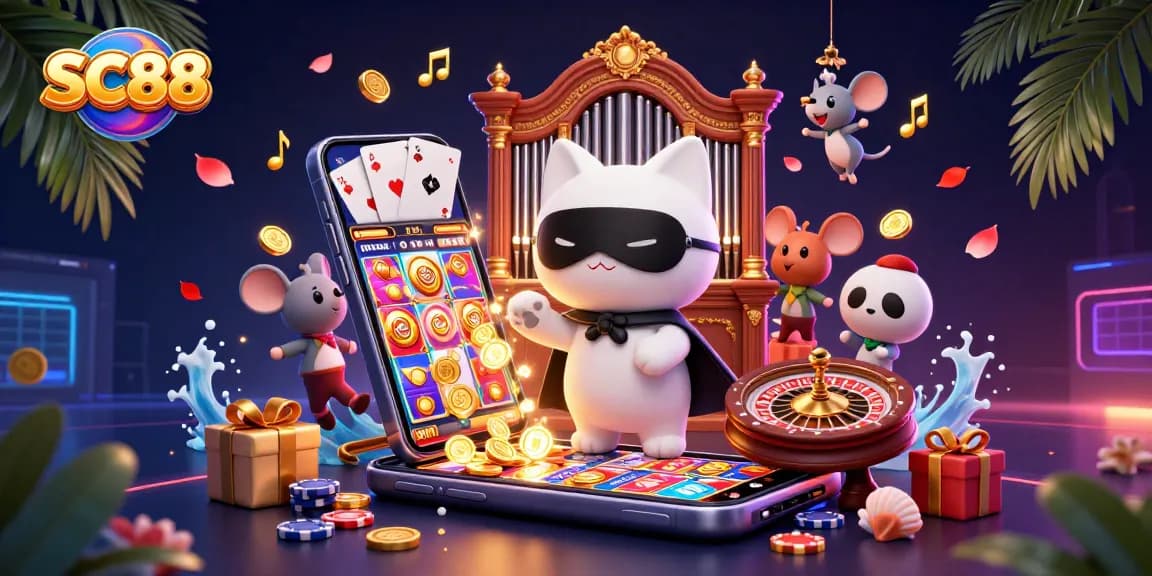 Engage with SC88's vibrant casino scene featuring a phantom cat, slot games, and golden coins!