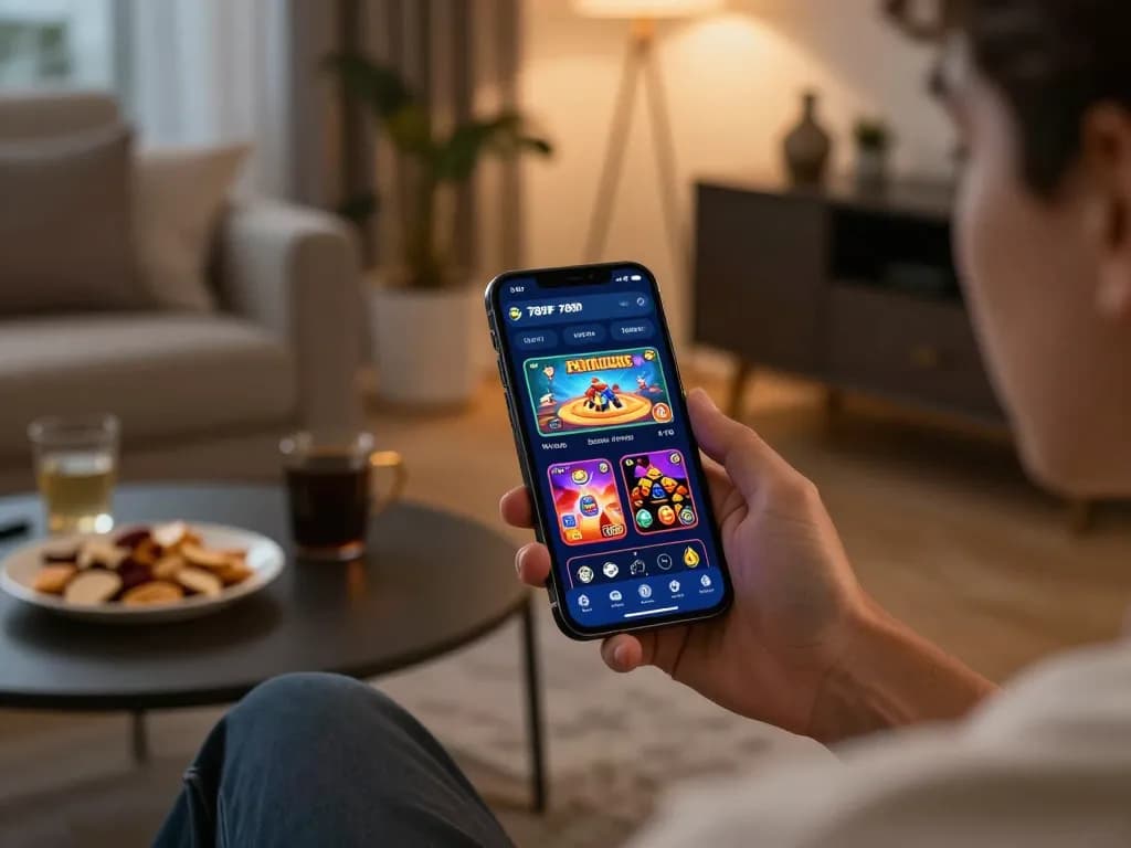 Engaging user interacting with the 789f app for online casino gaming in cozy living room