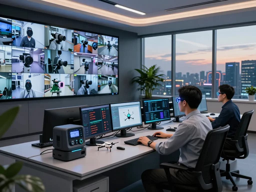 Technician monitoring HD4D security feeds in a modern surveillance control room.