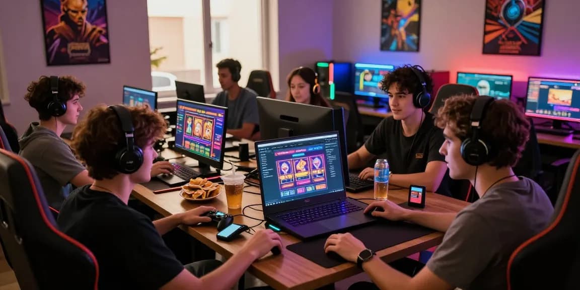 Exciting ngamenjitu online gaming moment with diverse players interacting with digital platform, snacks, and vibrant atmosphere.