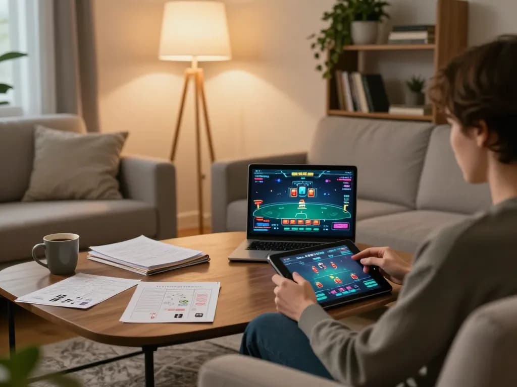 Person engaging in online gambling on nhacaiuytin, using a tablet for poker gameplay in a cozy home setting.