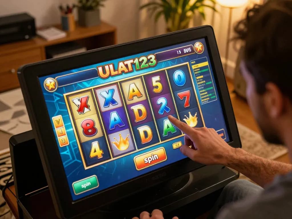 Permaninan menarik di slot online Ulat123 dengan gulungan berwarna yang berputar dan interaksi pemain