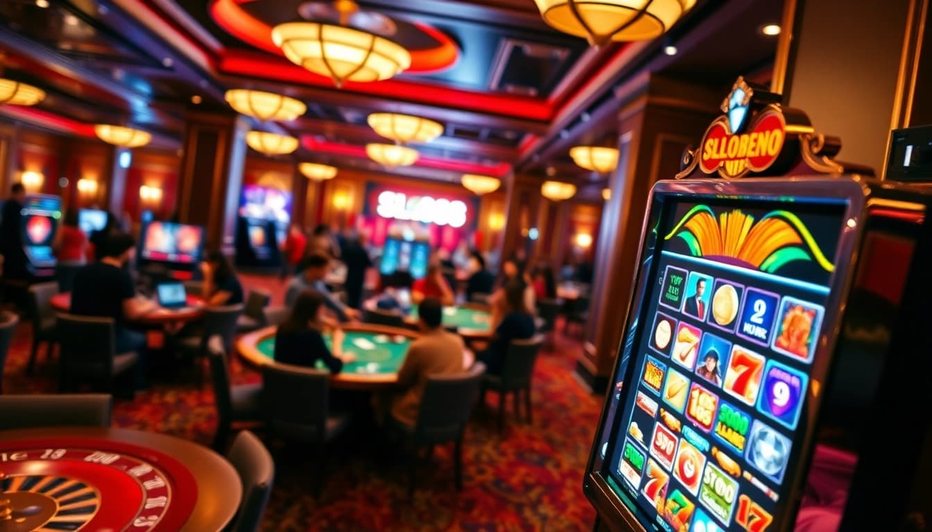 A vibrant casino scene showcasing the thrilling experience of SLOT888 with engaging slot machines and excited players, highlighting the platform's appeal.