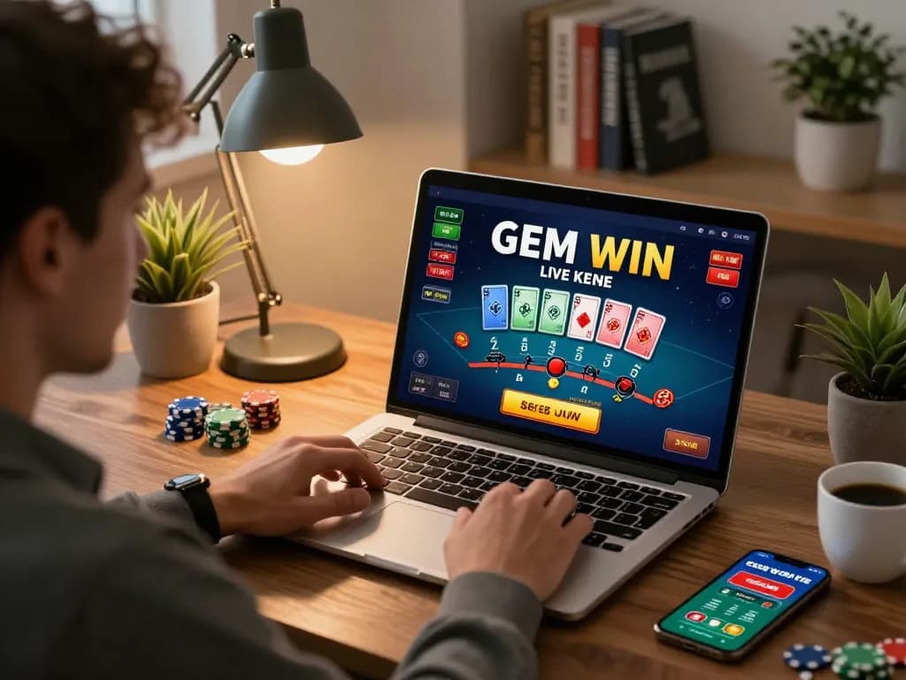Player engaged in GEM WIN online blackjack from home, showcasing an immersive gaming experience.