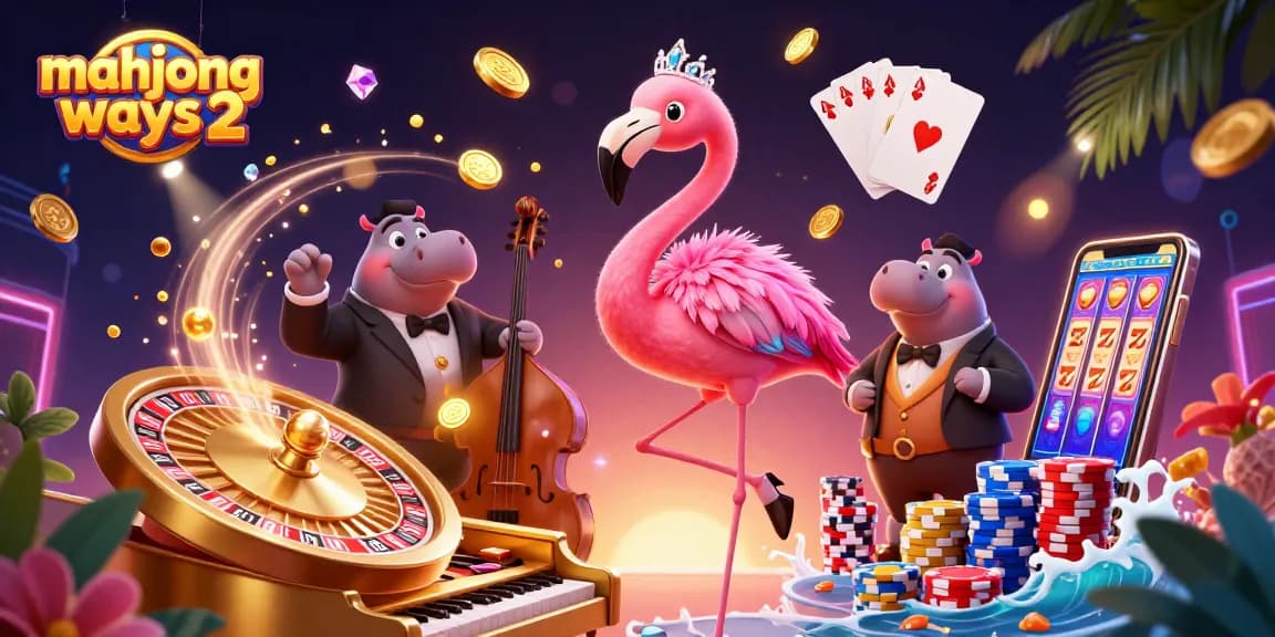 Play mahjong ways 2 with stunning visuals of flamingo and hippo in vibrant casino scene.