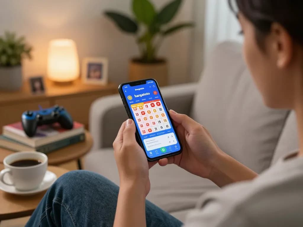 Player engaging with hargatoto mobile app in a cozy home setting surrounded by gaming materials.