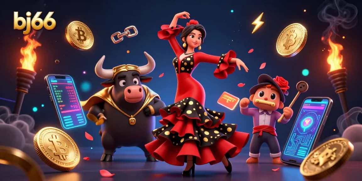Experience thrilling betting at bj66 with a stunning flamenco dancer and a fighting bull in a vibrant 3D illustration.