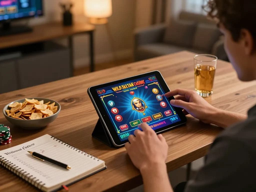Playing Wild Sultan casino bonus sans dépôt on a tablet in a cozy home gaming setup with snacks and strategy notes.