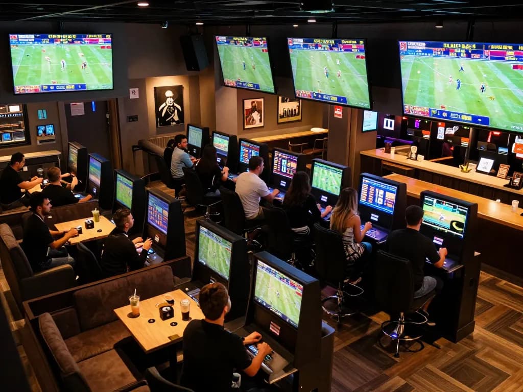 Engaging scene at btopcshop sports betting lounge with bettors using terminals amid live games
