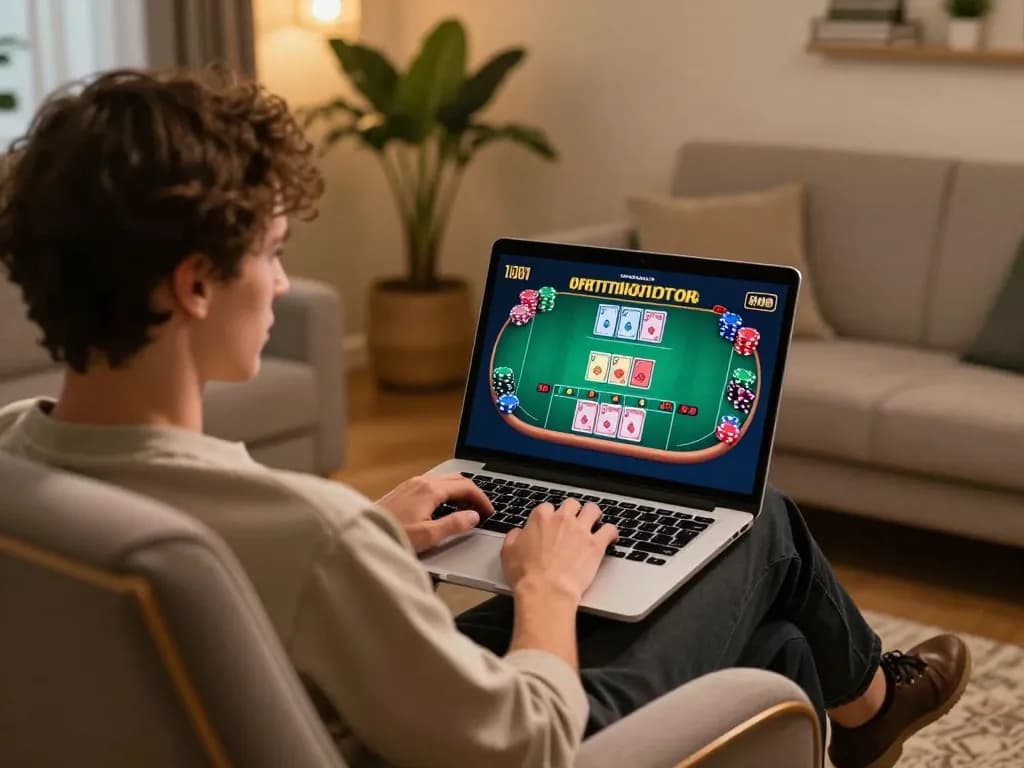 Player using laptop for online casino game at trang chủ 98win, showcasing exciting blackjack action.