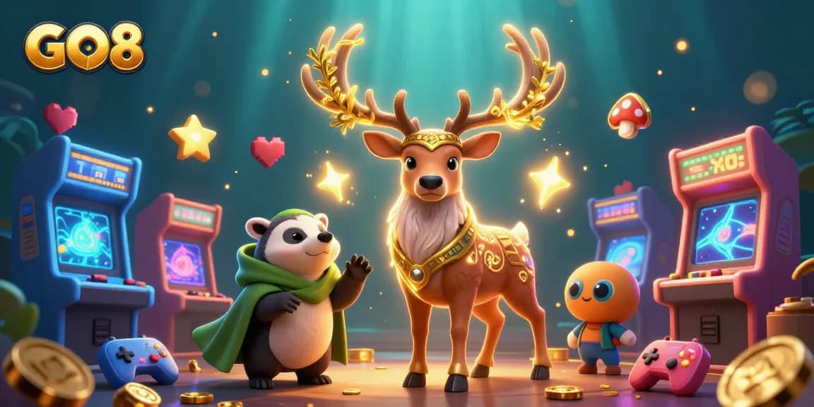 Experience thrilling gaming at GO8 with a vibrant 3D illustration showcasing dynamic casino elements and characters.