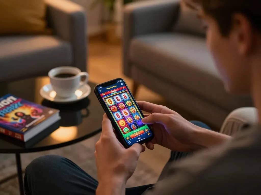 32win player enjoying online slots on mobile with colorful reels in cozy living room.