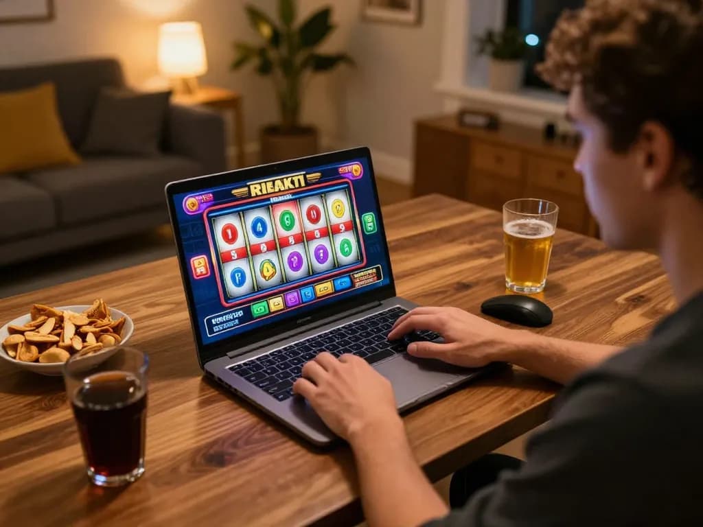 Engaging online casino gaming experience on a laptop showcasing Bet88 slots in action with cozy home ambiance.