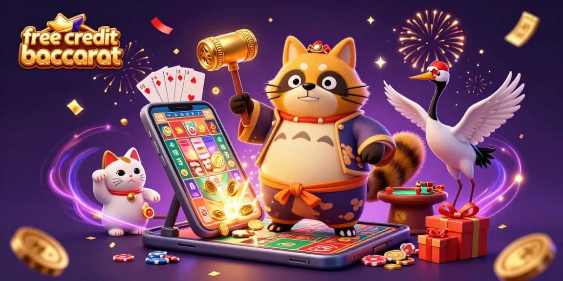 Engage in free credit baccarat with animated casino characters, showcasing vibrant gaming excitement.