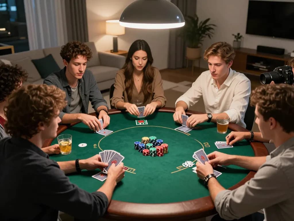 Friends playing poker at home, enjoying strategic gameplay with rwin chips stacked on the table.
