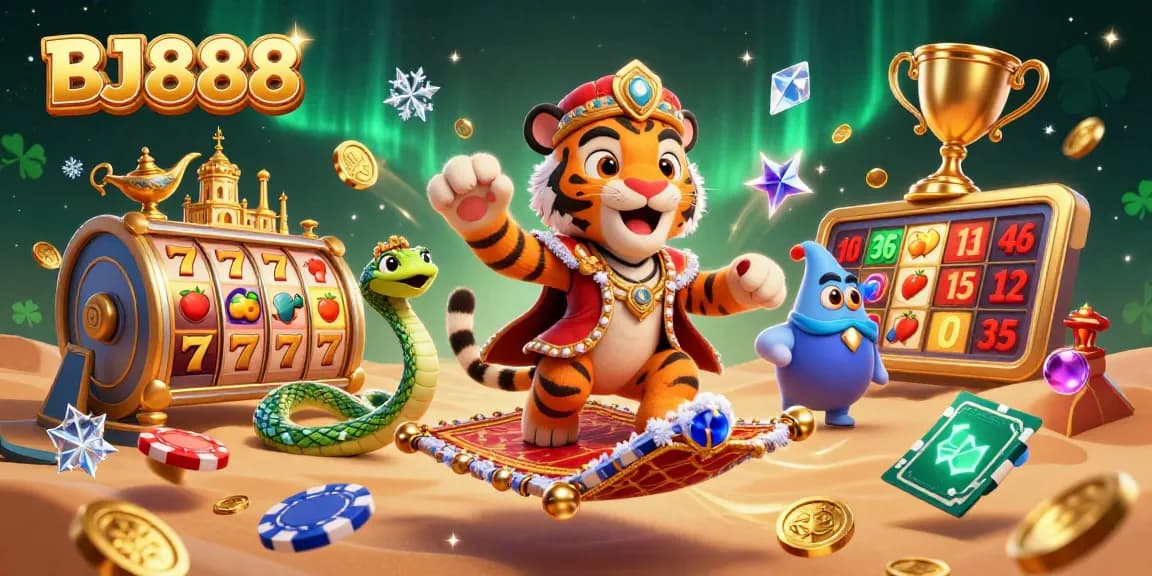 Experience thrilling gameplay with BJ888's vibrant casino illustration featuring dynamic elements.