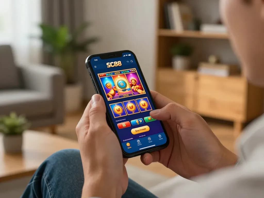Player enjoying SC88 mobile app, engaging with vibrant slot games in a cozy home setting