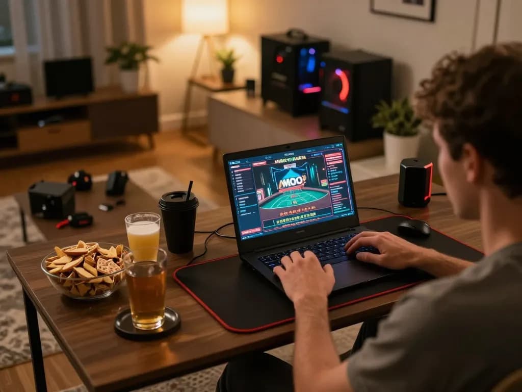 A person enjoying MMOO online casino gaming at home with a cozy atmosphere and engaging setup.