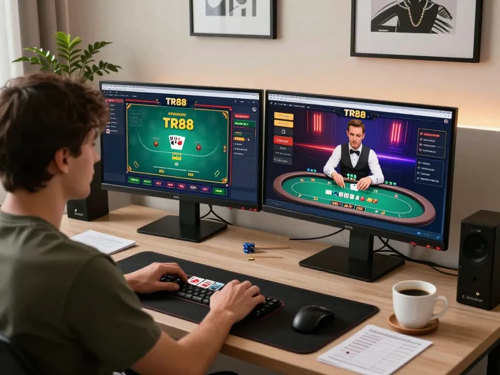 Player enjoying TR88 online poker with dual screens and warm lighting in a cozy gaming setup