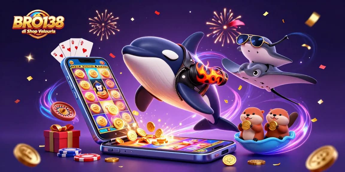 BRO138 di Shop Velouria showcases thrilling slot games with vibrant characters celebrating big wins.