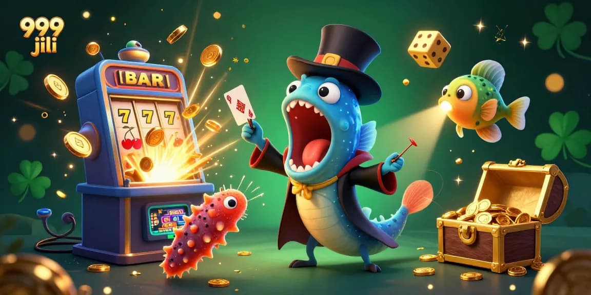 Experience the thrill of 999 jili with a vibrant 3D casino illustration featuring jackpot explosions and colorful game elements.