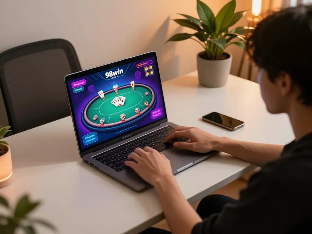 Player engaging with 98win com on laptop, showcasing an online poker game experience.