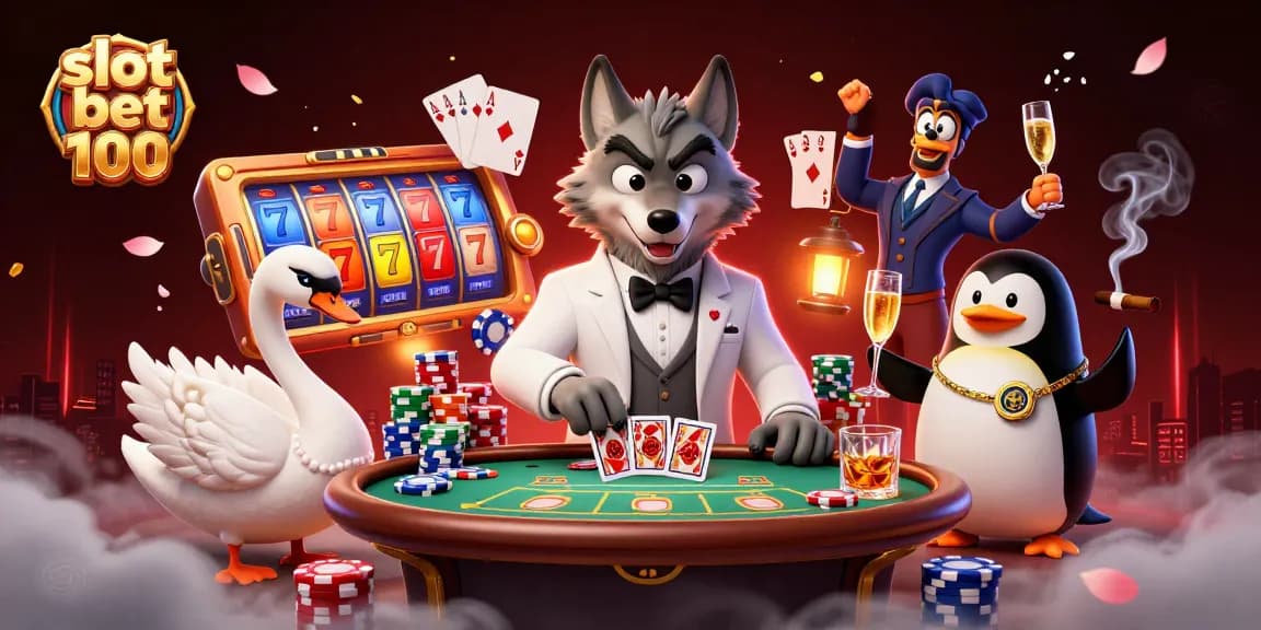 Experience thrilling action with slot bet 100 as a debonair wolf and elegant swan create a vibrant casino scene.