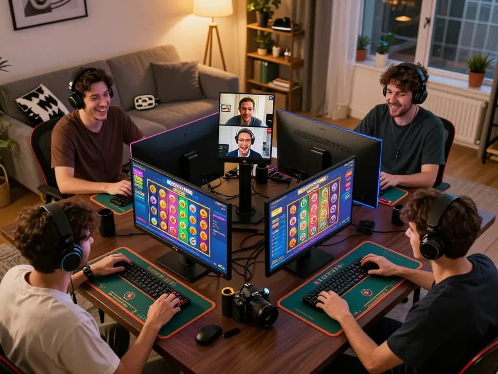 Players celebrate wins while gaming with LGOSUPER slots in lively online session, cheering together.