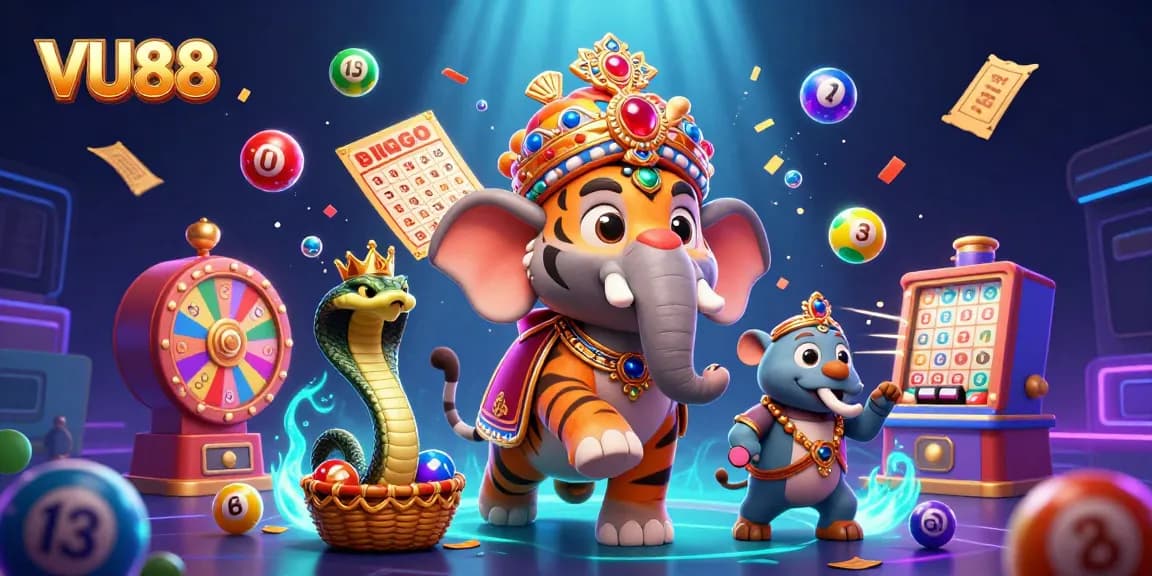 Experience thrilling game elements with VU88’s dynamic 3D illustration featuring colorful lottery and festive casino action.