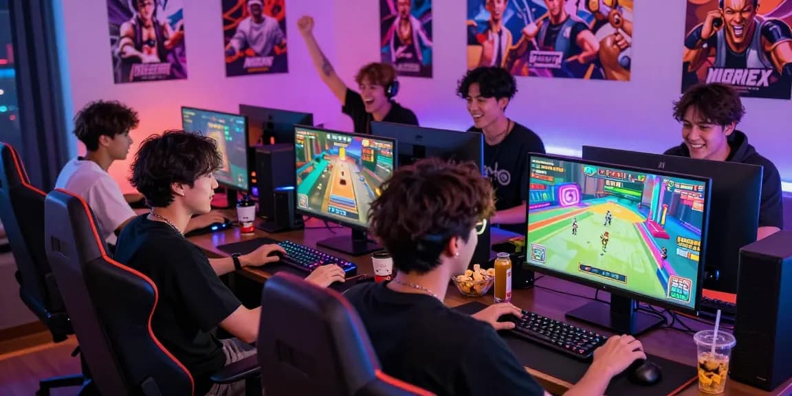 Exciting gaming setup showcasing players enjoying a gay ecchi game with vibrant atmosphere.