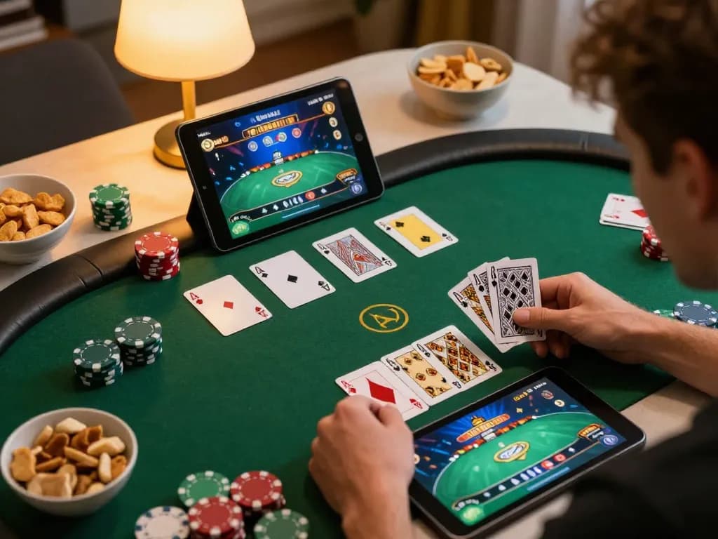 Engaging online poker action on a tablet showcasing cards and chips while using 23win strategy in a cozy home setting.