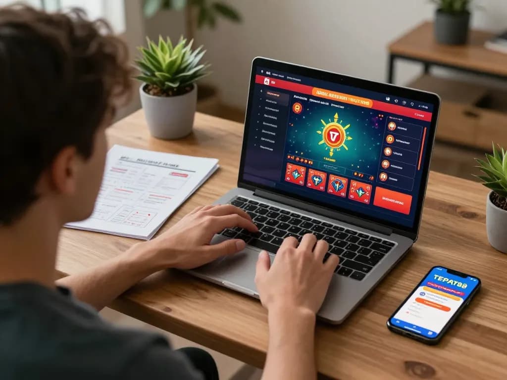 Sesi perjudian online yang menarik dengan aplikasi TEPAT88 di laptop, menunjukkan permainan strategis.