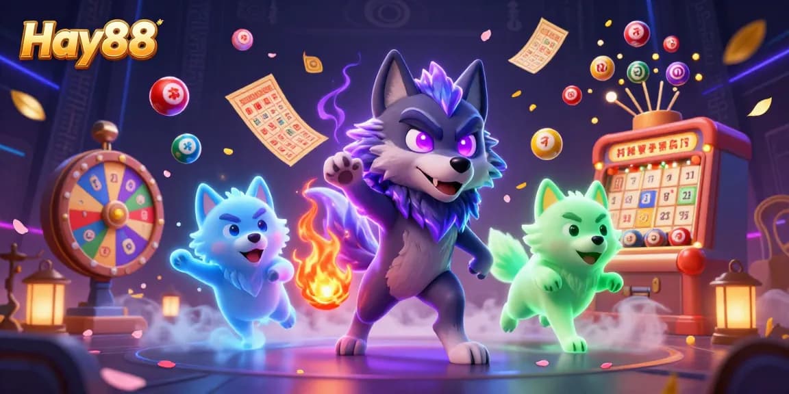 Engage in thrilling games at Hay88, surrounded by vibrant lottery elements and dynamic casino visuals.