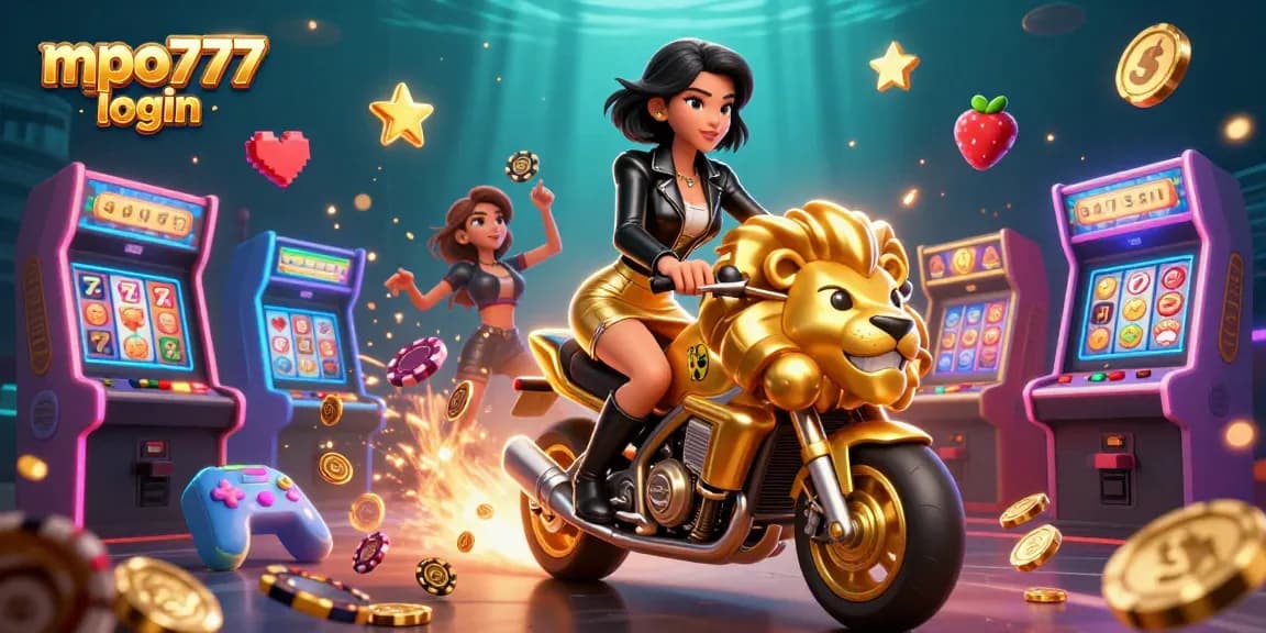 Experience mpo777 login and win big as a glamorous Asian woman rides a golden lion mascot!