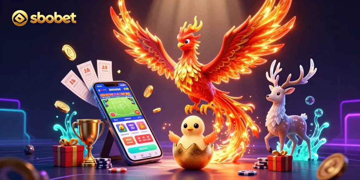 Experience sbobet betting excitement with a dynamic scene featuring phoenixes, gold coins, and sports betting elements.