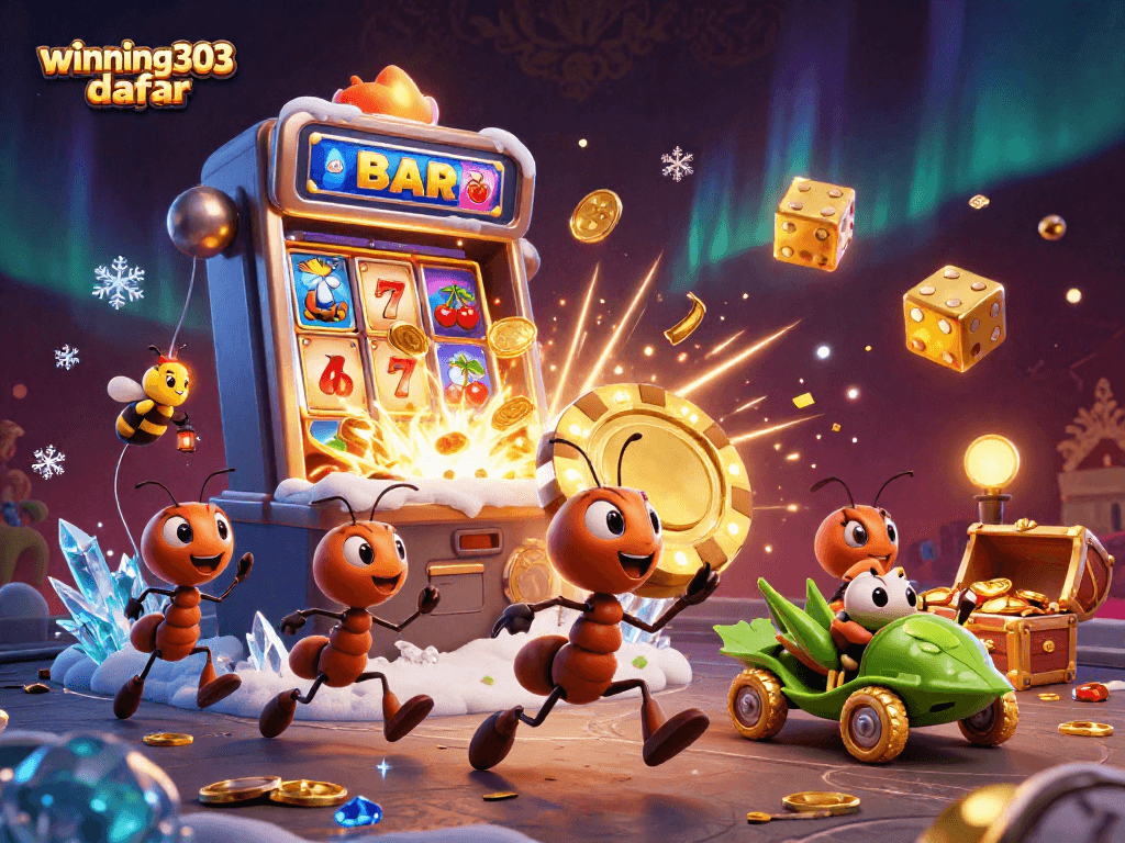 Engage with winning303 daftar in this vibrant 3D illustration of a heist scene featuring colorful casino elements.