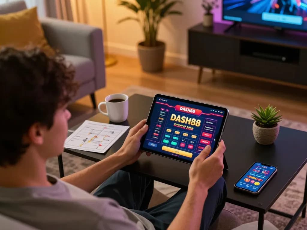 Engaging in exciting online gaming at dash88 with tablet showcasing casino games and strategic planning materials.