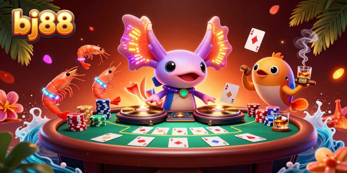 Experience the excitement of bj88 with a vibrant scene of a neon axolotl DJ and poker action.