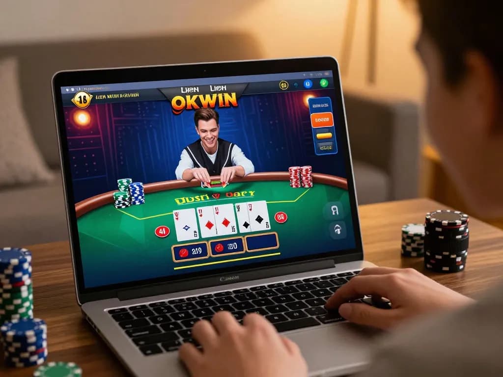 Engaged player enjoying live dealer blackjack at Liên minh okwin in a cozy home environment.