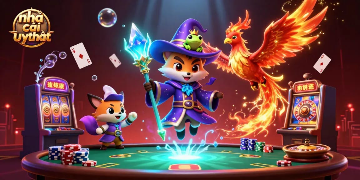 Engage with the vibrant world of nhà cái uy tín through a dynamic 3D casino illustration showcasing magical elements.