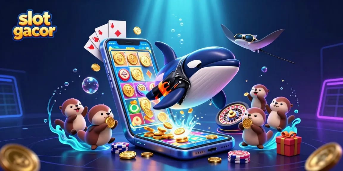 Engage with slot gacor amidst a vibrant underwater scene featuring a 3D orca, stingray, and otters.