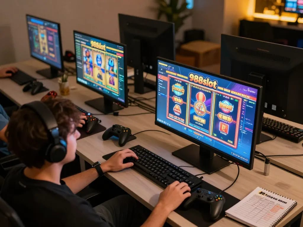 Player engaging with 988slot online gaming setup, highlighting dynamic slot gameplay in a cozy home atmosphere.
