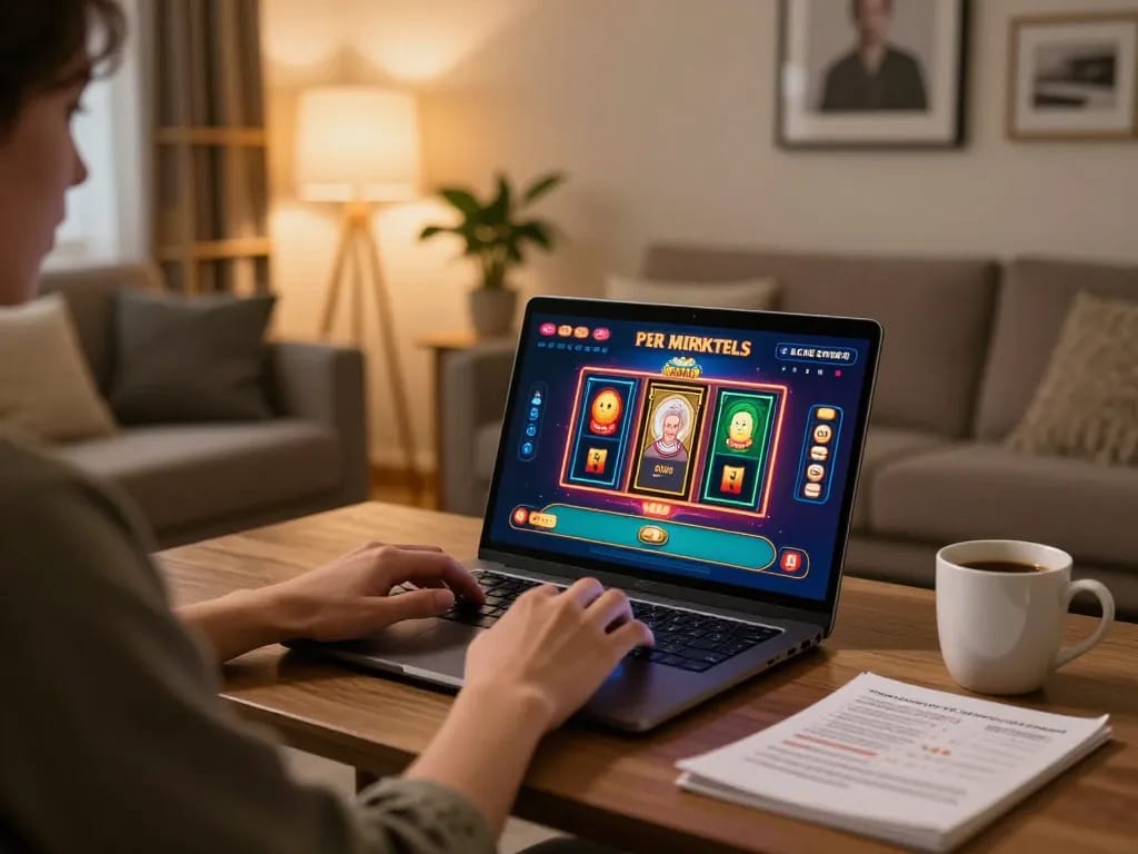 Luck8 online gaming setup with player engaging in casino games on laptop in cozy living room