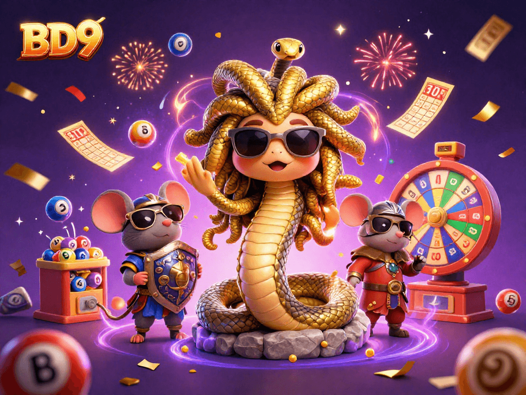 BD9 showcases a lively scene with Medusa and a warrior mouse amidst colorful lottery elements and festive effects.