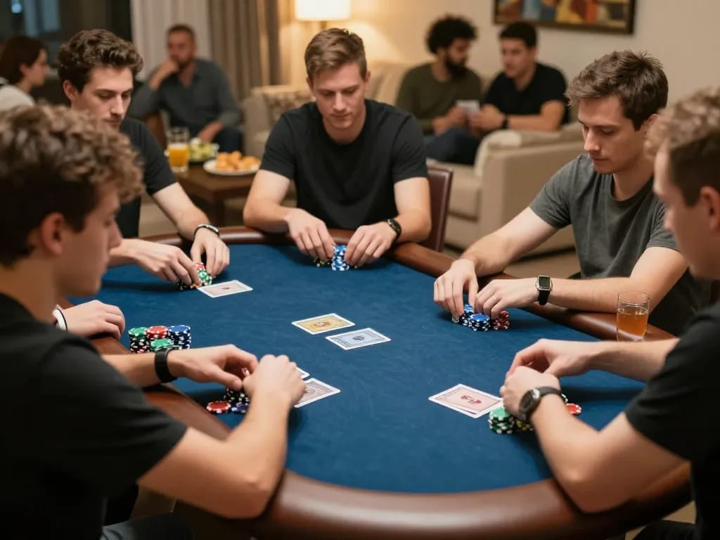 Players engage in a thrilling poker game at home, showcasing strategy while using tx88 chips