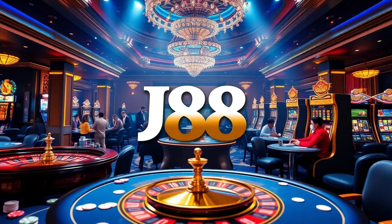 Exciting J88 casino experience with players, tables, and vibrant gambling atmosphere.