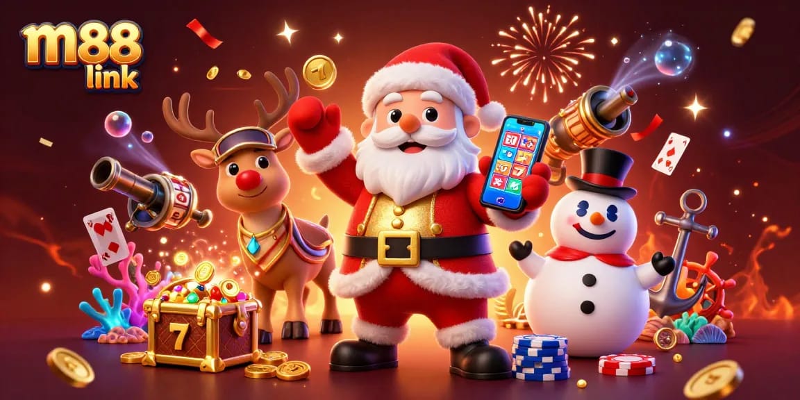 Experience thrilling wins at M88 link with Santa and friends in a dynamic casino scene.