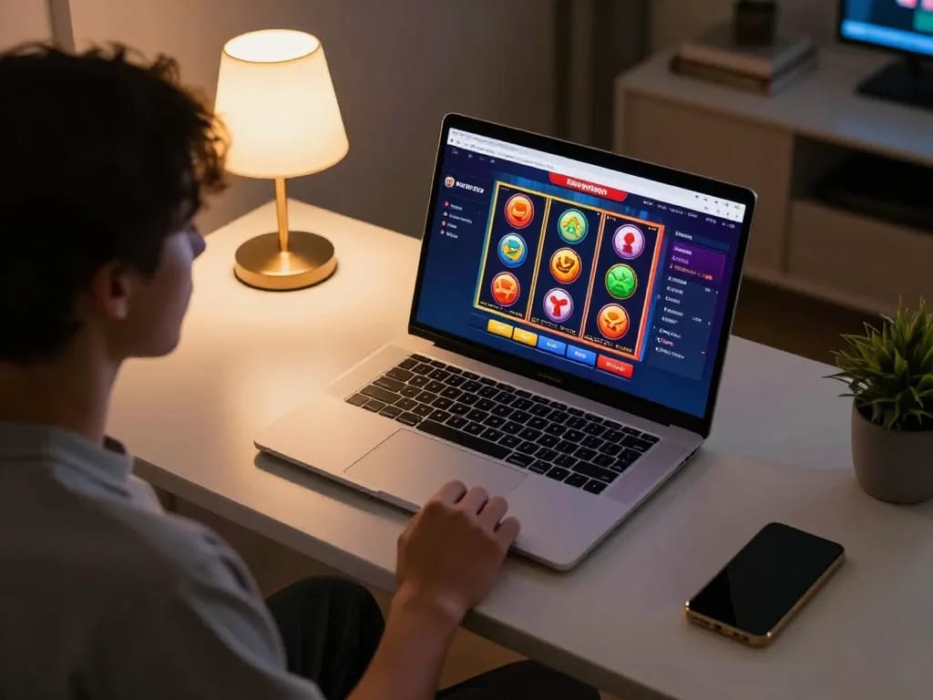 KDTOTO player engaged in gameplay on a sleek laptop, showcasing online casino's vibrant interface.