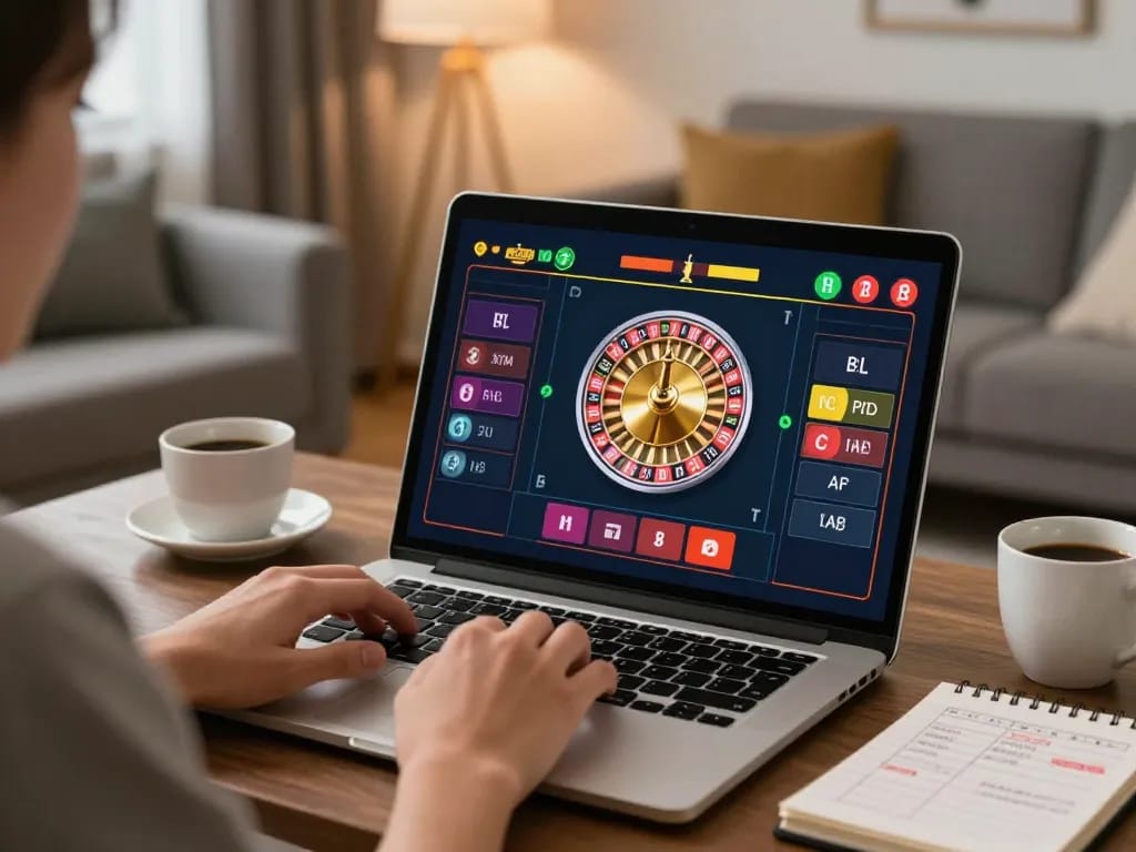 Player enjoying an online gamble at nhà cái vipwin roulette on laptop in cozy environment